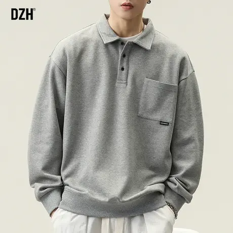 男士灰色套头卫衣男痞帅高级感2024年新款春季长袖打底衫翻领polo商品大图