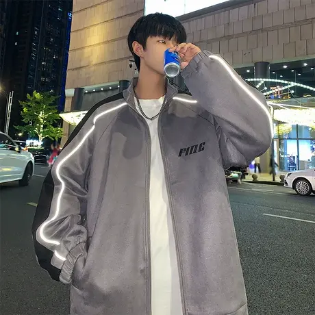 vintage美式复古麂皮绒夹克男潮牌秋冬hiphop棒球服秋装宽松外套商品大图