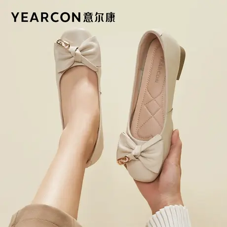 意尔康女鞋春秋季女士低跟浅口单鞋粗跟皮鞋通勤职业工作鞋法式商品大图