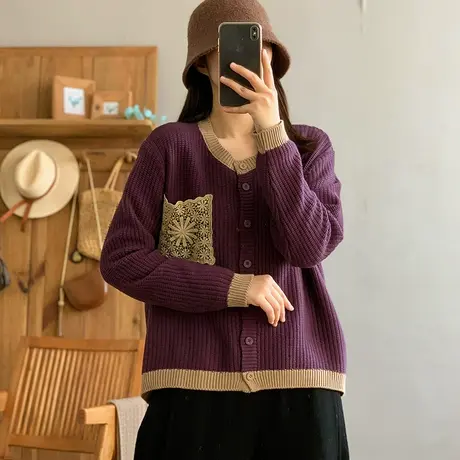 dza复古宽松小V领绣花口袋针织开衫上衣女早春新款休闲毛衣短外套图片