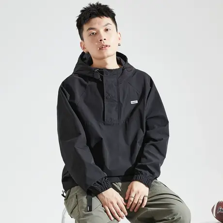 唐狮春秋季梭织拉链连帽卫衣男士宽松半开胸黑色外套美式潮运动图片