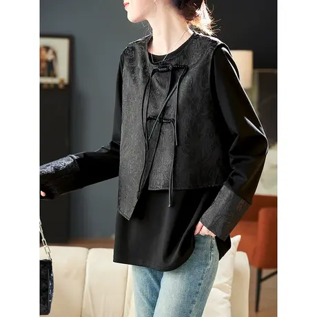 宝诗黎新中式盘扣提花马甲卫衣2024春季新款宽松百搭女装两件套图片