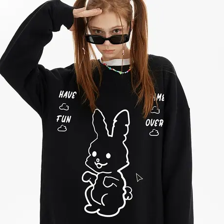 国潮宽松无帽拜年新年过年兔子卫衣男潮牌冬季加绒加厚大码上衣潮商品大图