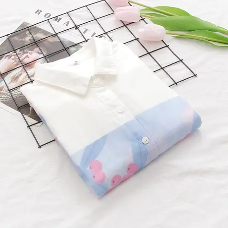 春秋季文艺小清新彩绘印花双层纱纯棉长袖衬衫女宽松百搭打底上衣商品大图