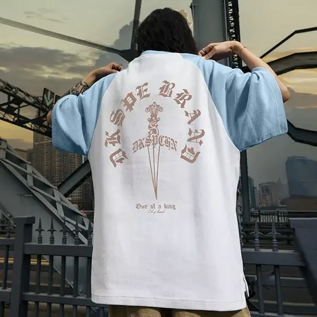 美式街头嘻哈插肩重磅撞色短袖拼接华夫格t恤男潮牌宽松潮流半袖图片