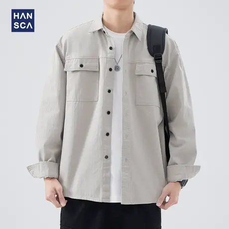 hansca纯棉工装衬衫男长袖秋冬款美式重磅高级感纯色休闲翻领外套商品大图