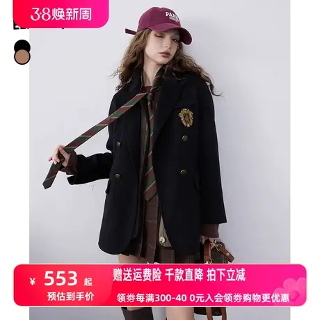妖精的口袋双面呢西装毛呢外套女2023冬季新款复古学院风黑色大衣图片