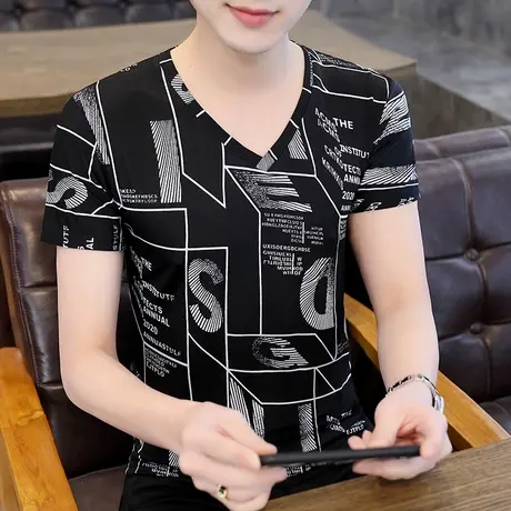 2023新款夏季男士冰丝短袖T恤韩版潮流个性印花帅气v领体恤上衣服商品大图