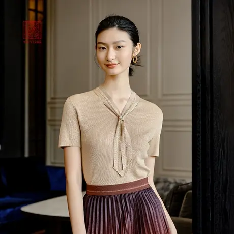 EP雅莹高端系列 钻饰扣V领飘带短袖内搭针织衫 2023新款9508A商品大图