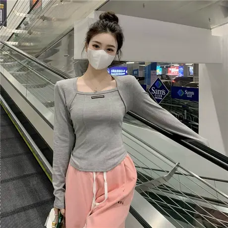 大码女装胖mm方领长袖t恤女早春新款显瘦遮肚不规则打底上衣200斤商品大图