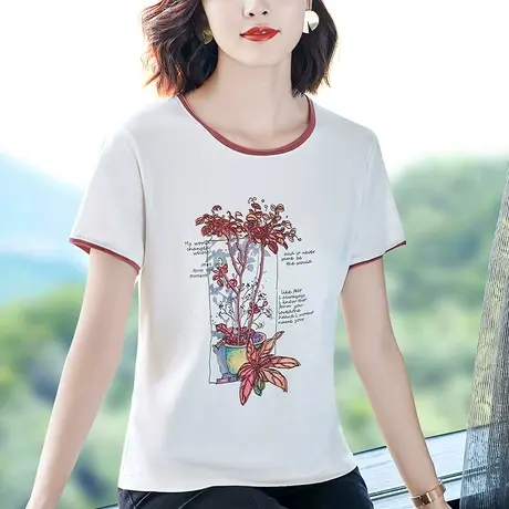 重工刺绣纯棉短袖t恤女夏新款中年妈妈装时尚大码宽松版体恤衬衫商品大图