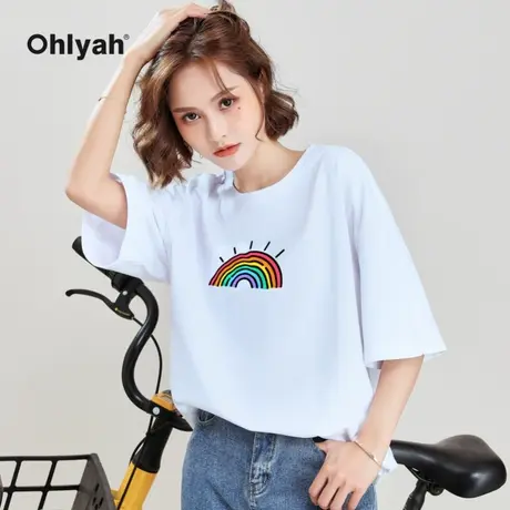 Ohlyah品牌 白色纯棉短袖t恤女宽松彩虹图案印花圆领学生上衣服商品大图