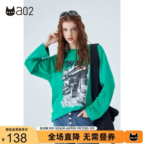 a02圆领印花长袖T恤女秋新款潮流宽松圆领T恤休闲百搭衣服女商品大图