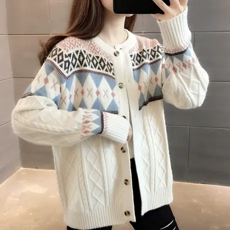 2023秋装新款复古提花长袖毛衣开衫女宽松圆领百搭休闲针织外套潮图片