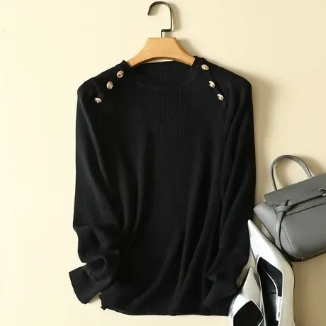 2022女士秋冬圆领纯色套头针织衫时尚肩扣黑色毛衣打底衫百搭上衣商品大图