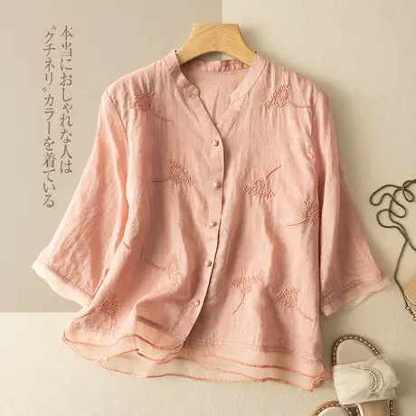 享永子七分袖刺绣苎麻上衣女下摆蕾丝拼接高级感棉麻小衫2023新款图片