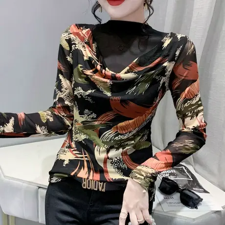 欧货迷彩印花长袖T恤女洋气半高领修身打底衫秋内搭性感网纱上衣图片