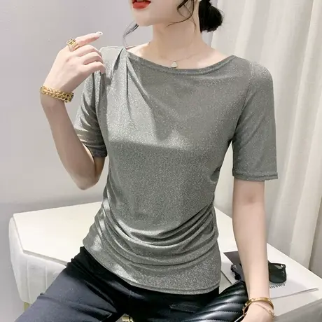时尚一字领短袖上衣女夏装欧货设计感褶皱T恤洋气亮片修身小衫潮商品大图