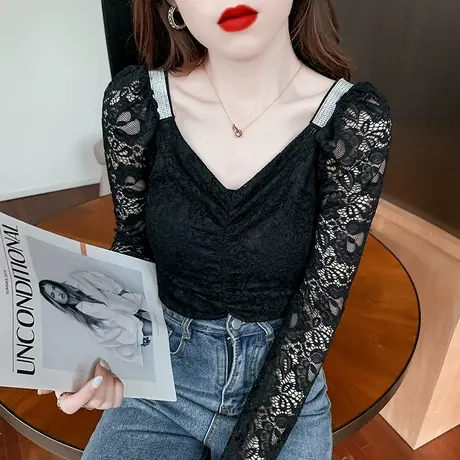 蕾丝打底衫女春秋2023新款性感镂空V领蕾丝衫女长袖紧身内搭上衣图片