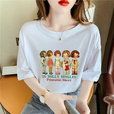 复古印花T恤女夏季2023新款宽松中长款百搭学生短袖体恤上衣ins潮商品大图