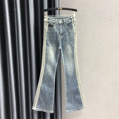 网红浅蓝色微喇牛仔裤女秋2023新款紧身显瘦高腰侧边三条杠喇叭裤商品大图