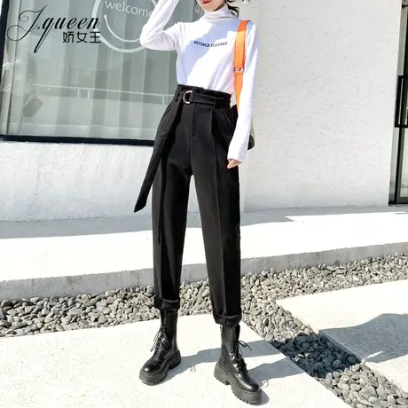 毛呢萝卜裤女高腰加绒秋冬新款复古系带百搭宽松显瘦烟管小脚裤子商品大图
