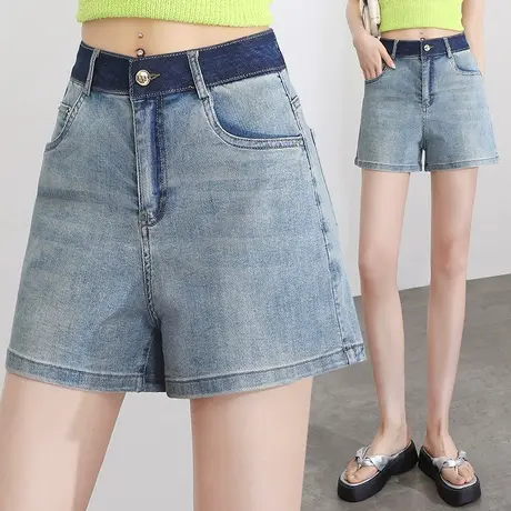 夏款牛仔短裤女2023新款高腰显瘦时尚阔腿裤蓝色洋气复古休闲热裤商品大图