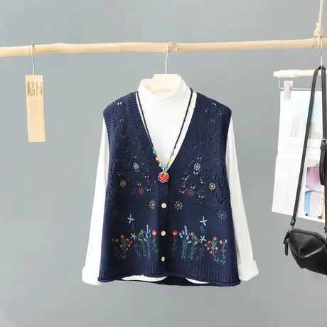 春秋新款刺绣镂空V领无袖针织开衫马甲女宽松外搭叠穿坎肩毛背心X商品大图