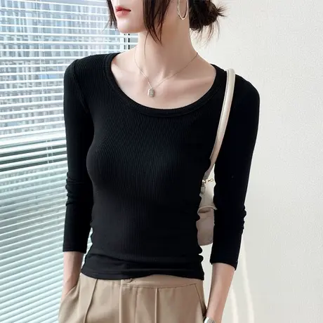 圆领黑色打底衫女2023春季新款修身显瘦西装内搭上衣纯棉长袖T恤商品大图