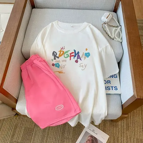 纯棉运动服套装跑步女夏季宽松短袖短裤小个子时尚洋气休闲两件套商品大图