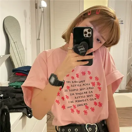 2023新款韩版夏装ulzzang慵懒风宽松盐系少女纯棉短袖T恤ins上衣图片