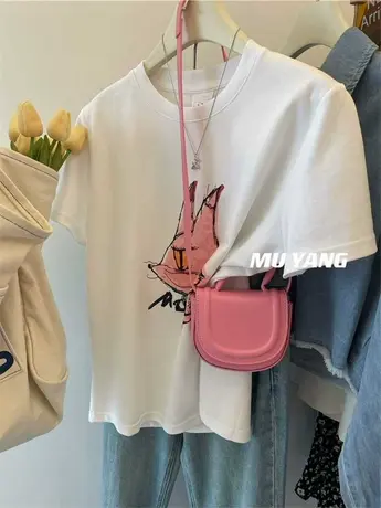 粉色小狐狸卡通印花短袖T恤女2023夏装韩国新款休闲百搭白色上衣商品大图