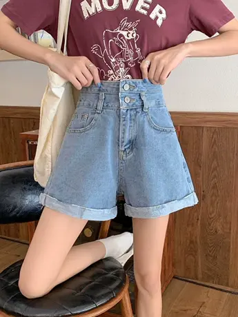 清仓捡漏牛仔裤女春夏2023新款设计感翻边阔腿高腰显瘦直筒短裤图片