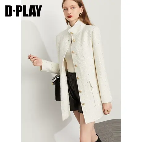 DPLAY冬新轻奢小香风奶白色立领中长款亮银珠片粗花呢外套图片