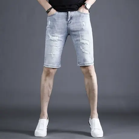 破洞补丁牛仔短裤男夏季薄款2022年新款潮牌修身男士五分弹力裤子商品大图