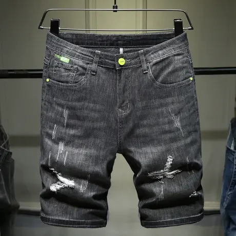 夏季薄款牛仔裤男弹力黑色破洞修身直筒透气潮牌潮流中腰洗水男裤商品大图