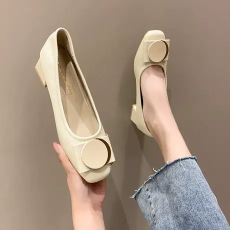 永希韩版粗跟方头单鞋女款2023年春季新款仙女风配裙子浅口高跟鞋图片