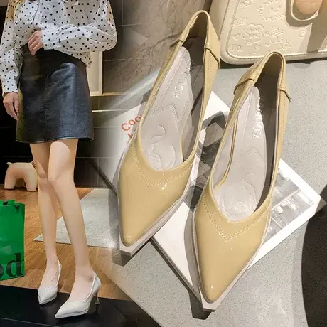 2023新款早春女鞋尖头高跟鞋裸色亮皮细跟百搭少女士OL单鞋工作鞋图片