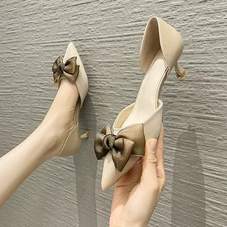 气质裸色高跟鞋女2023年春季新款法式少女蝴蝶结尖头中空单鞋细跟商品大图