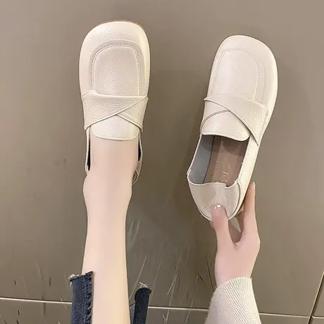 一脚蹬软底软皮豆豆鞋女鞋2023春秋新款单鞋女平底百搭上班工作鞋商品大图