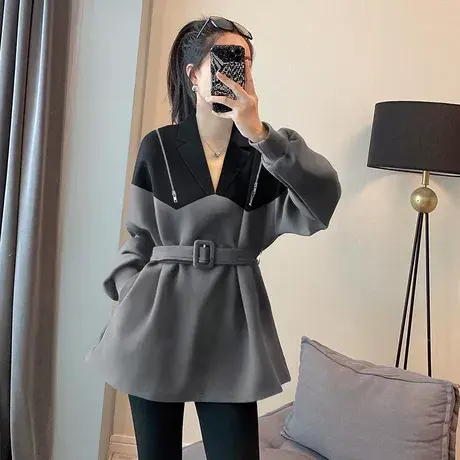 胖mm秋季女装西装领收腰卫衣大码设计感韩版洋气显瘦上衣200斤潮图片
