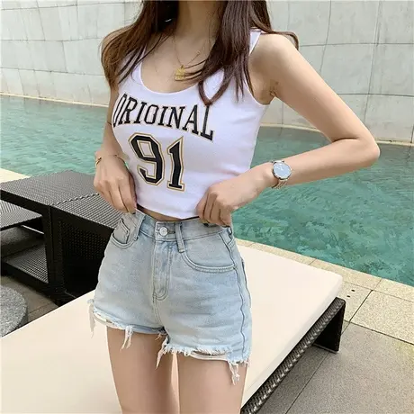 韩版字母印花背心女百搭瑜伽运动露脐黑色显瘦修身U领短款无袖t恤图片