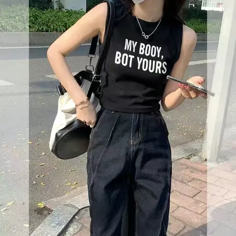 欧美辣妹字母印花运动背心女夏短款露脐工字吊带紧身内搭打底上衣商品大图