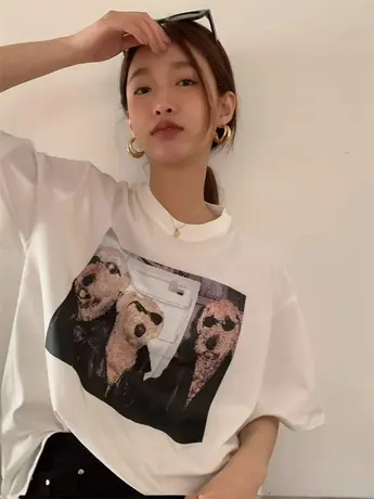夏季新款胖妹妹大码印花短袖正肩T恤显瘦小众辣妹上衣女装2-300斤商品大图