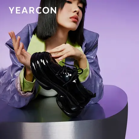 意尔康英伦风增高厚底松糕皮鞋女2024新款春春季坡跟系带百搭单鞋图片