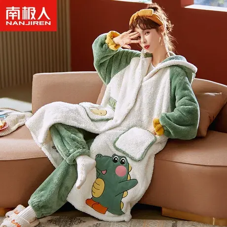 南极人睡衣女秋冬季珊瑚绒加厚加绒睡袍长款卡通恐龙法兰绒家居服图片