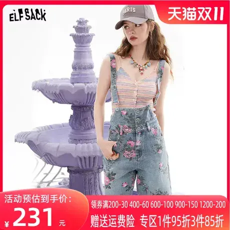 妖精的口袋印花牛仔背带裤女2023夏新款短裤小个子设计感小众裤子图片
