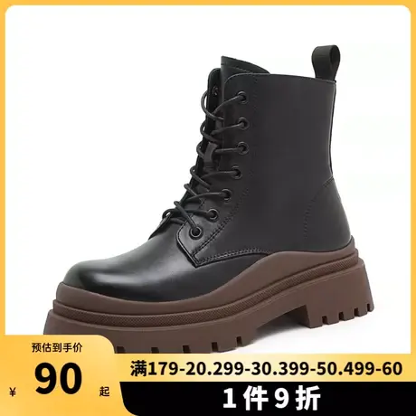 camel骆驼女鞋冬季新款真皮时尚瘦瘦靴拼接袜靴弹力女粗跟短靴女图片