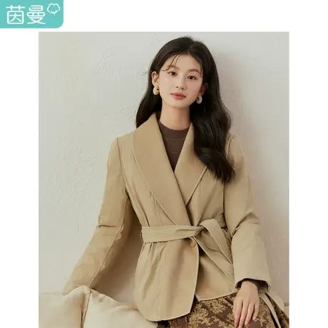 茵曼休闲翻领棉衣女2023年冬季新款气质系带收腰显瘦短款棉服外套图片