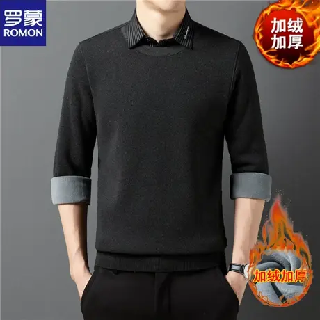 罗蒙假两件针织刺绣衬衫男士春秋加绒加厚针织袖衬衣保暖休闲衬衣商品大图